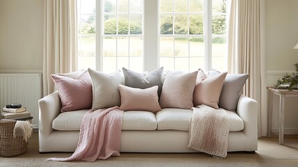 A minimalist living room with pastel-toned throws and cushions on a neutral sofa