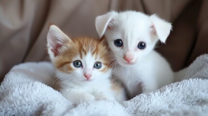 Obraz premium A puppy and kitten cuddled together on a soft bed in the shelter