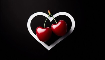 Deux cerises rouges fraîches en forme de cœur, symbole de l'amour et de la romance, parfaites pour la Saint-Valentin et la fête des amoureux fond noir