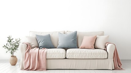 A minimalist living room with pastel-toned throws and cushions on a neutral sofa