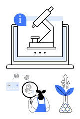 Digital microscope on a screen, woman examining financial data with a magnifying glass, plant lab experiment. Ideal for scientific research, online learning, finance analysis, biotechnology
