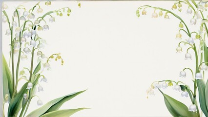 Watercolor frame with free copy space for Lily of the Valley Day, white lily of the valley flowers and lush green leaves on a white background