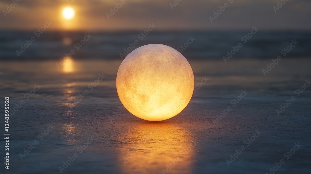 Wall mural glowing orb rests on a surface with reflected sunset light