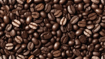 Fototapeta premium Close-up background of roasted coffee beans with rich brown tones and detailed texture. Aromatic and full of depth, perfect for coffee-related themes, cafes, and beverage advertising.