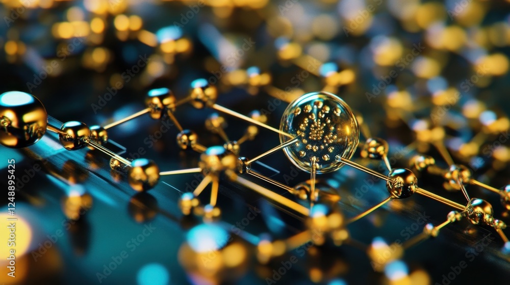 Poster close up visualization of a complex molecular structure with interconnected golden atoms and bonds, 
