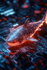Digital illustration of a cybernetic shark glowing with neon circuitry