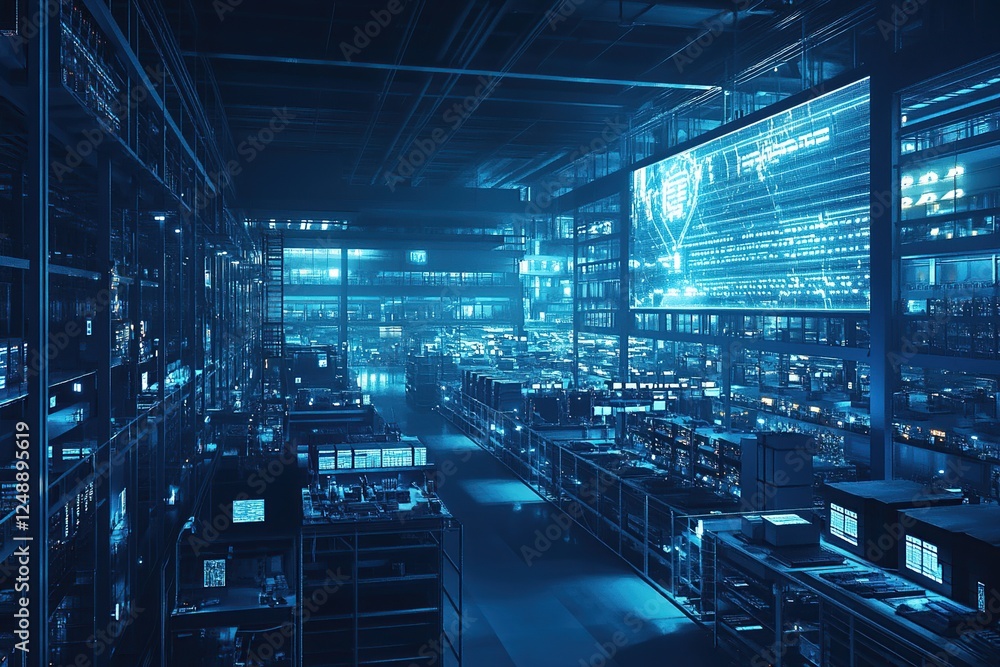 Poster exploring futuristic factory: advanced technology and automation systems illuminate night shift oper