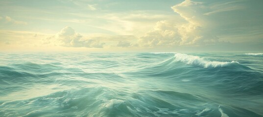Obraz premium Tranquil Ocean Wavescape, Serene Seascape Background, Tranquility At Sea,, Peaceful Marine Landscape
