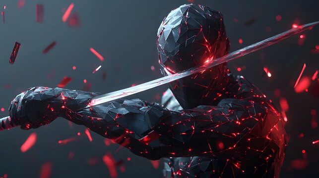 Low-poly rendering highlights a character in motion a man in a black suit holding a sword in dynamic pose
