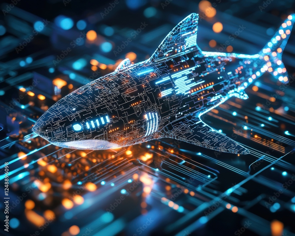 Poster digital-style shark outlined with glowing circuitry in a cyber-ocean concept