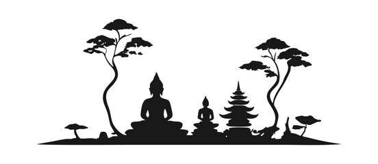 Vesak Day Monochrome Silhouette – Buddha Meditation on Lotus