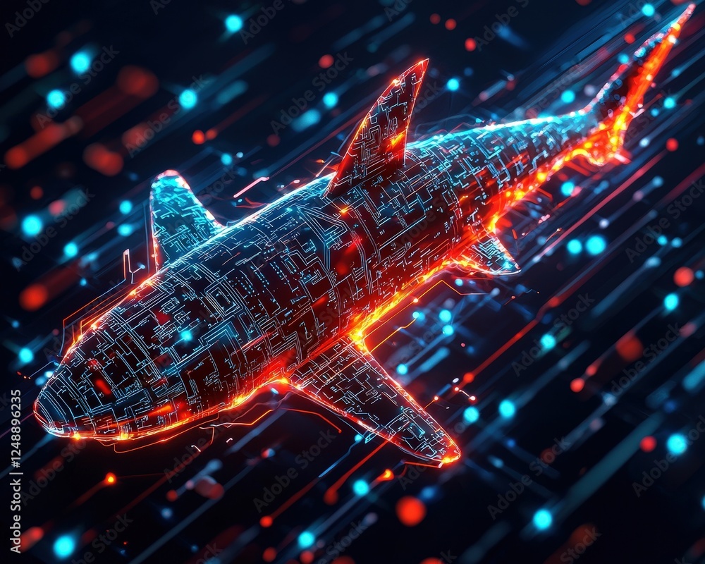 Poster digital-style shark outlined with glowing circuitry in a cyber-ocean concept