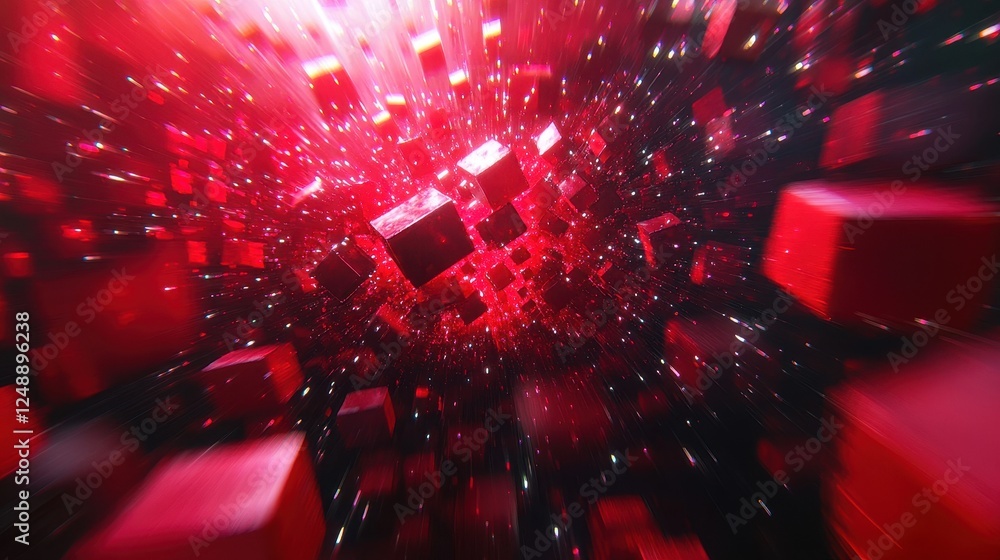 Poster red cubes exploding, abstract background, digital art, technology