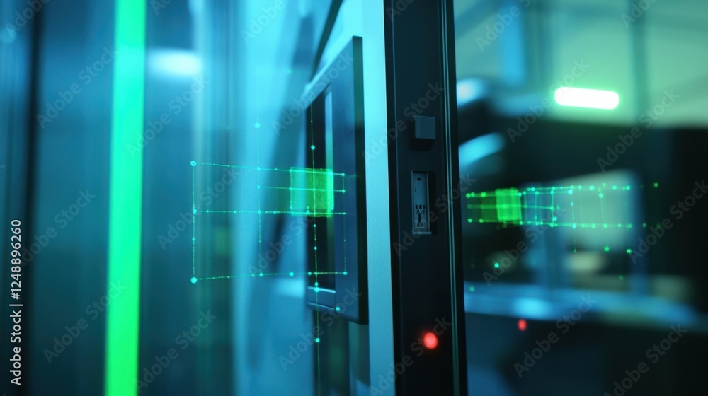 Aufkleber modern data center showcasing advanced technology with glowing green interfaces and sleek design, re