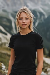 A young woman wearing a blank black t-shirt for a mockup