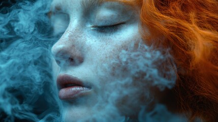 Woman with red hair practicing deep breathing exercises surrounded by blue smoke in a realistic setting