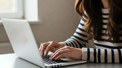 Naklejka premium A person with long hair typing on a silver laptop, wearing a striped sweater, sitting at a wooden table by a window.
