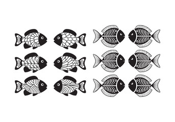 A set of vector illustration of fish silhouettes, each uniquely decorated with intricate patterns. A central line runs through the middle of each fish, symmetry and balance. The fish are designed