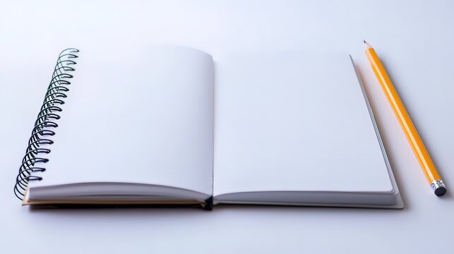 Open spiral-bound notebook with blank pages and pencil. - Powered by Adobe