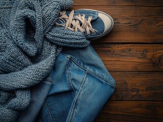 Pair of blue jeans and white sneakers on a surface with copy space for fashion or clothing advertisements