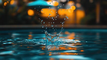 Water droplet impact on a pool's surface, creating a mesmerizing crown splash against a bokeh backdrop of warm lights.