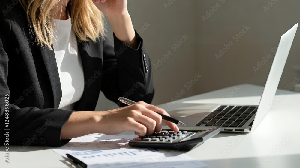 Poster a woman in a black blazer calculates figures using a calculator while working on a laptop at a desk 