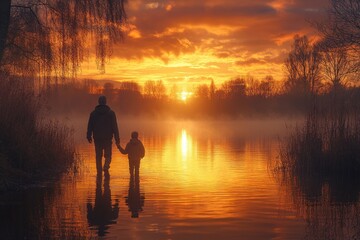 Father and son walking by a tranquil lake enjoying nature together at dusk
