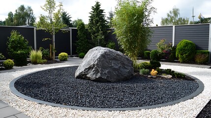 Serene Zen Garden Featuring Large Rock Surrounded by Lush Greenery and Gravel Pathways