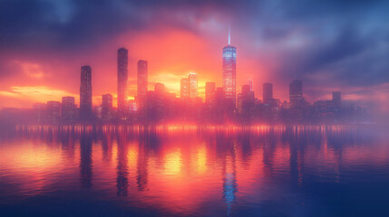Fototapeta premium Cityscape Sunset Reflection Modern Metropolis at Dusk
