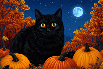 Fototapeta premium Spooky Forest Scene with Black Cat - Ideal for Halloween Promotions and Mystery Stories