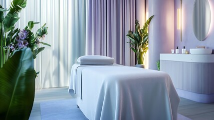 A massage table prepared with clean linens in a pastel-themed spa