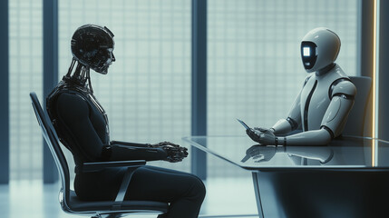 AI Recruitment: Robot Conducting an Interview via Hologram in a Futuristic Conference Room