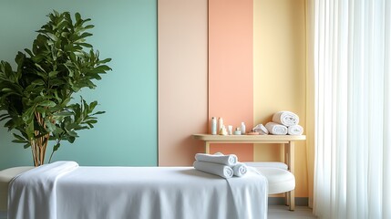 A massage table prepared with clean linens in a pastel-themed spa