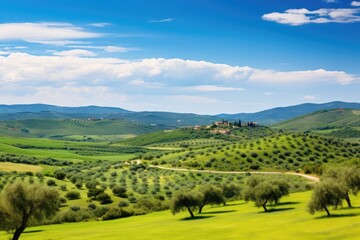 Obraz premium Panoramic view of Maremma countryside with olive trees rolling hills green fields and the sea on the horizon Located in Casale Marittimo Pisa Tuscany Italy E