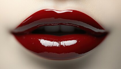 Obraz premium Glossy Red Lips Close-Up Beauty Photography on White Background