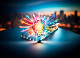 A vibrant lightbulb emits colorful arrows, symbolizing ideas and creativity.  Bright illumination radiates against a dark background, representing innovation and inspiration.