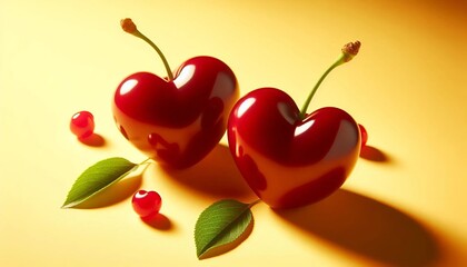 Deux cerises rouges fraîches en forme de cœur, symbole de l'amour et de la romance, parfaites pour la Saint-Valentin et la fête des amoureux