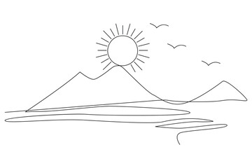 Obraz premium Sunset continuous single line drawing of outline vector illustration