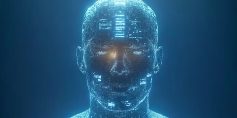 Glowing Circuit Board Human Head with Data, Vibrant Light Blue and White on Cerulean Background