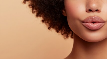 Close up of a model puckering her lips, highlighting the results of a cosmetic procedure, potentially lip augmentation, against a neutral background