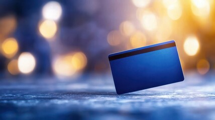 Credit card debt. A blue credit card floating against a blurred, glowing background.