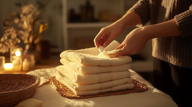 A massage therapist setting up warm towels in a serene room with soft lighting