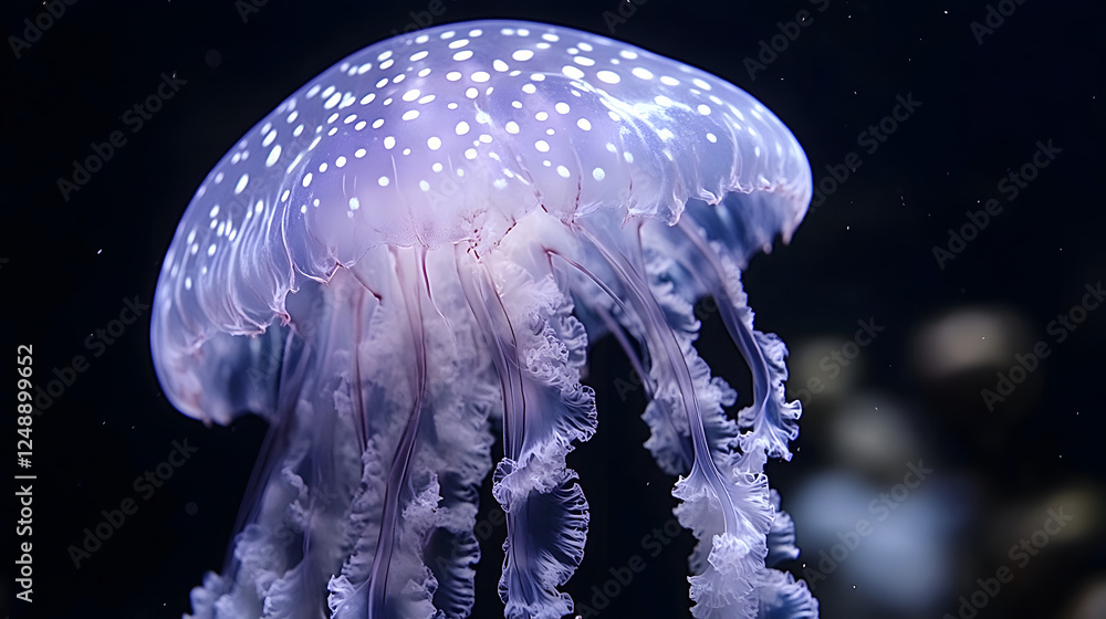 Poster a mesmerizing jellyfish glows softly in the deep sea, showcasing its translucent body and flowing te