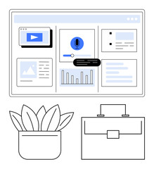 Desktop dashboard with charts, microphone, media, and task cards. Potted plant and briefcase represent work-life balance. Ideal for productivity, management, remote work, business technology