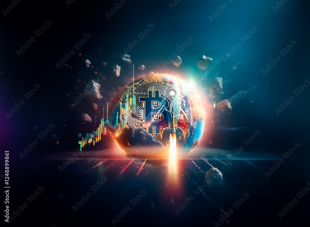 Aufkleber Bitcoin symbol embedded in a globe in space, surrounded by debris and bright light, depicting a digital currency concept in a cosmic environment.