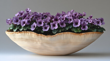 Fototapeta premium A beautiful arrangement of purple violets in a uniquely shaped wooden bowl, showcasing nature's elegance and artistry