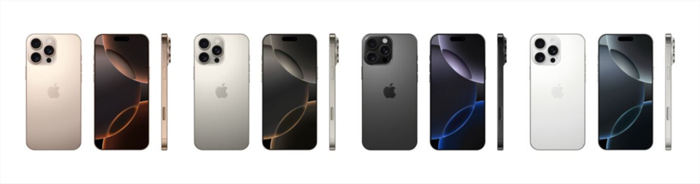 New iPhone 16 Pro Max, set in different colors. Mockup screen front view iphone with white screens and back side phone. Editorial vector 10 eps.