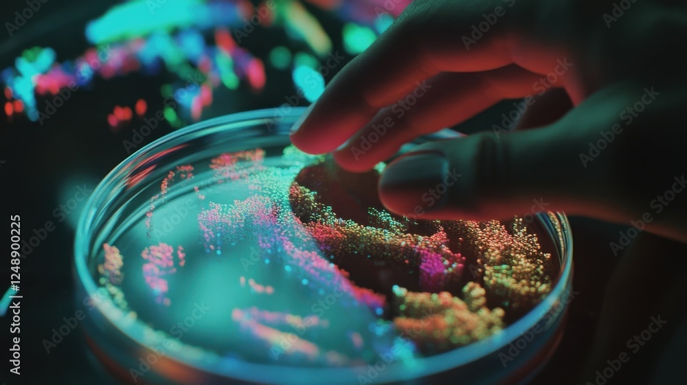 Poster hand interacting with a petri dish containing vibrant bioluminescent patterns. the colorful display 