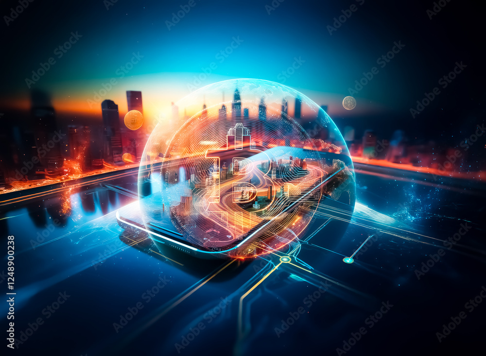 Poster A digital currency symbol is prominently displayed on a globe, set against a backdrop of deep space with stars and vibrant cosmic illumination.