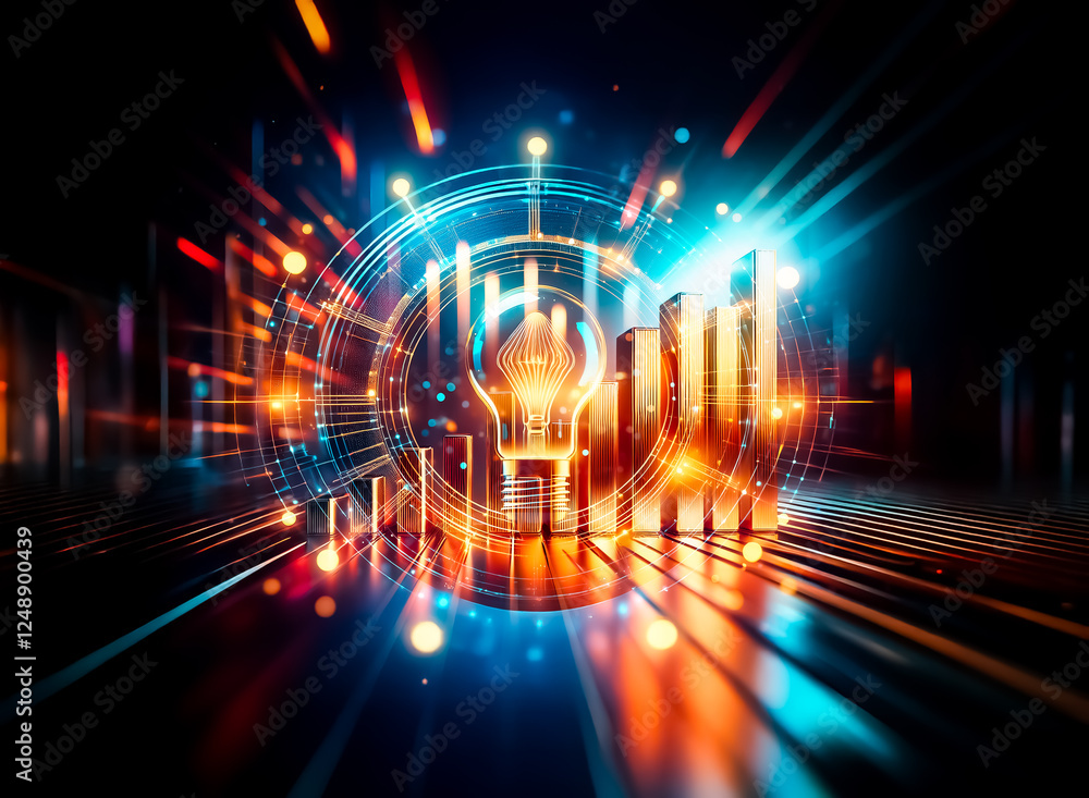 Poster Abstract golden bar chart with glowing light streaks against a dark backdrop.  Illuminated columns represent growth or data in a dynamic, futuristic scene with vibrant colors.